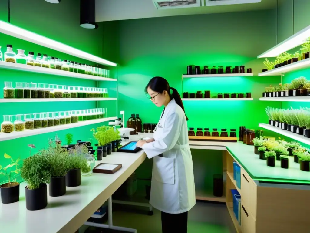 Lab de fitoterapia coreana, científicos investigan plantas para tratamiento cáncer, ambiente científico con microscopios y probetas