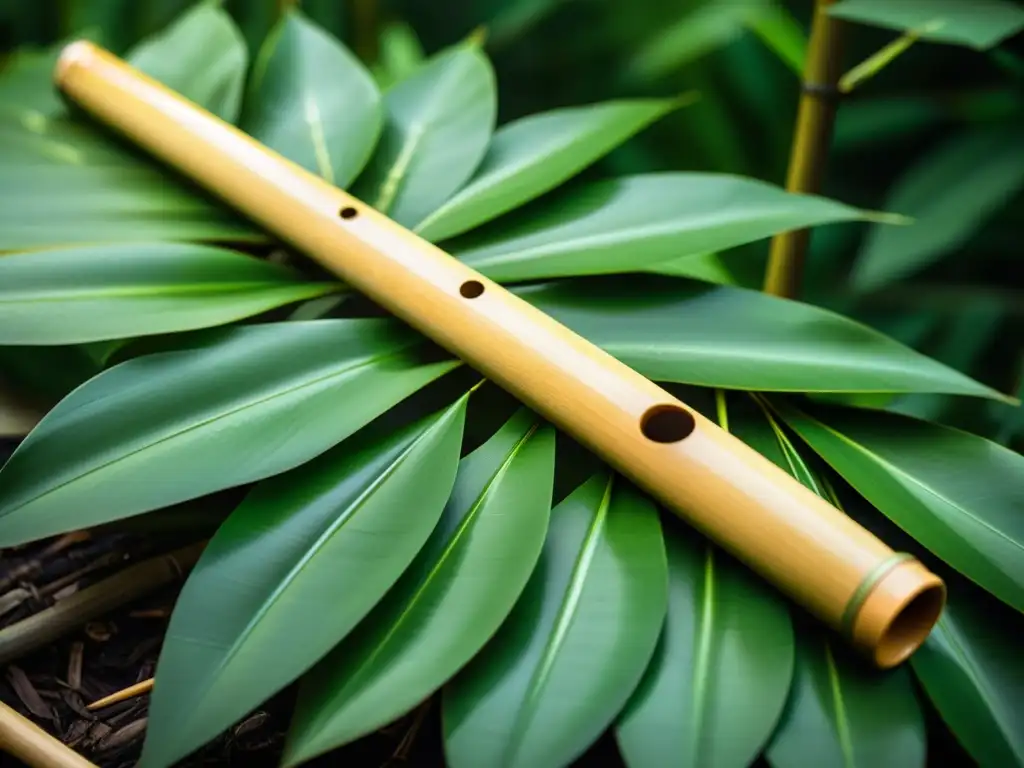 Una flauta de bambú reposa sobre hojas verdes, con luz suave filtrándose