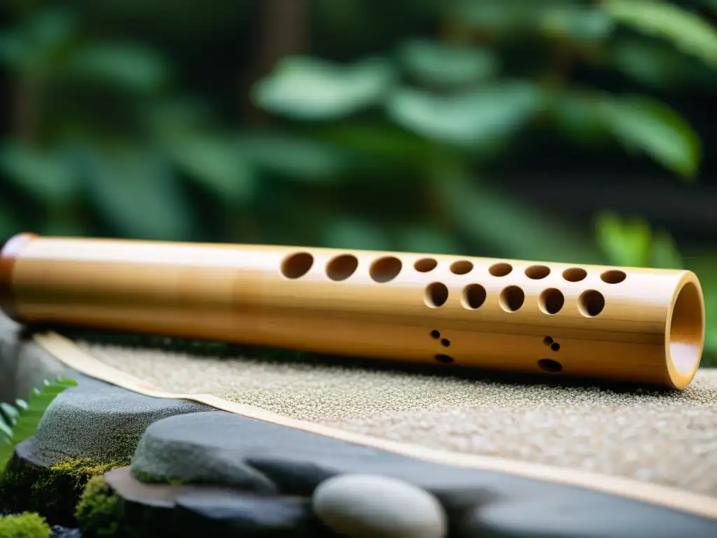 Una flauta shakuhachi japonesa de bambú, con intrincados grabados y una superficie pulida