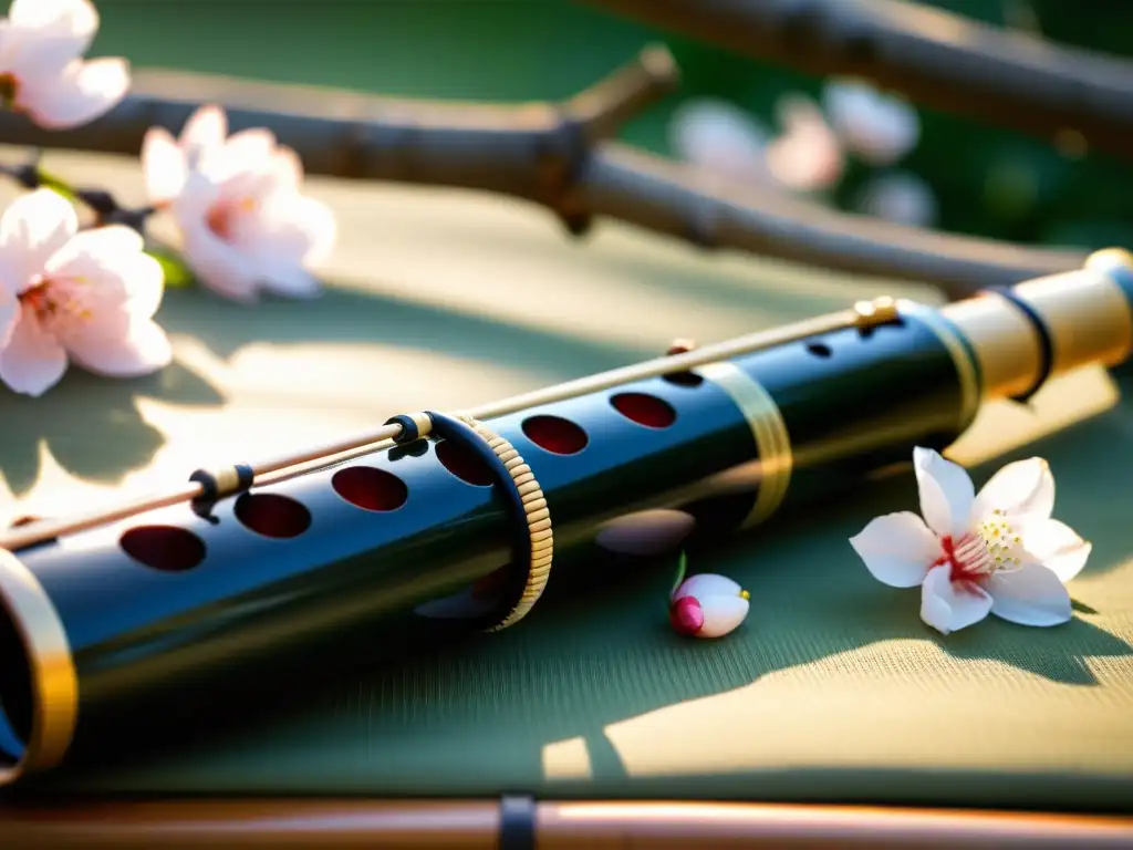 Una flauta tradicional japonesa Shakuhachi reposa sobre pétalos de sakura con luz suave entre los árboles