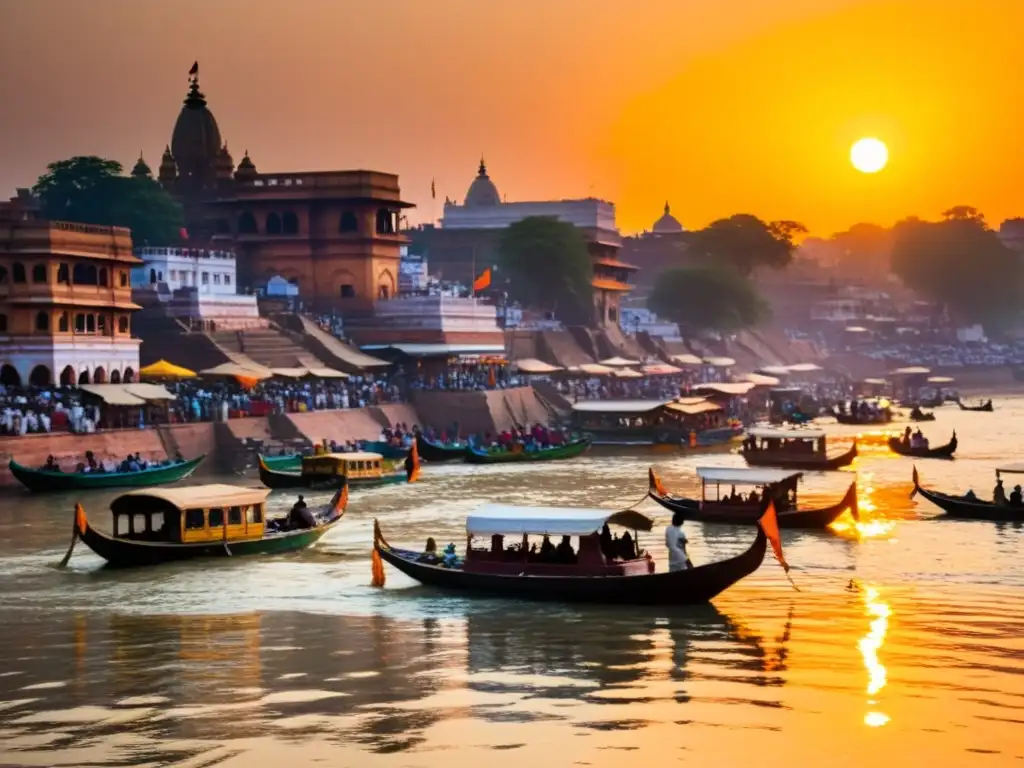 Flujo dorado del Ganges en Varanasi, con peregrinos realizando rituales al atardecer, reflejando la influencia de los textos sagrados en la India