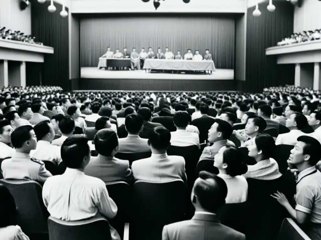 Foto en blanco y negro de un cine abarrotado en la China de los años 50, con oficiales gubernamentales observando la reacción del público