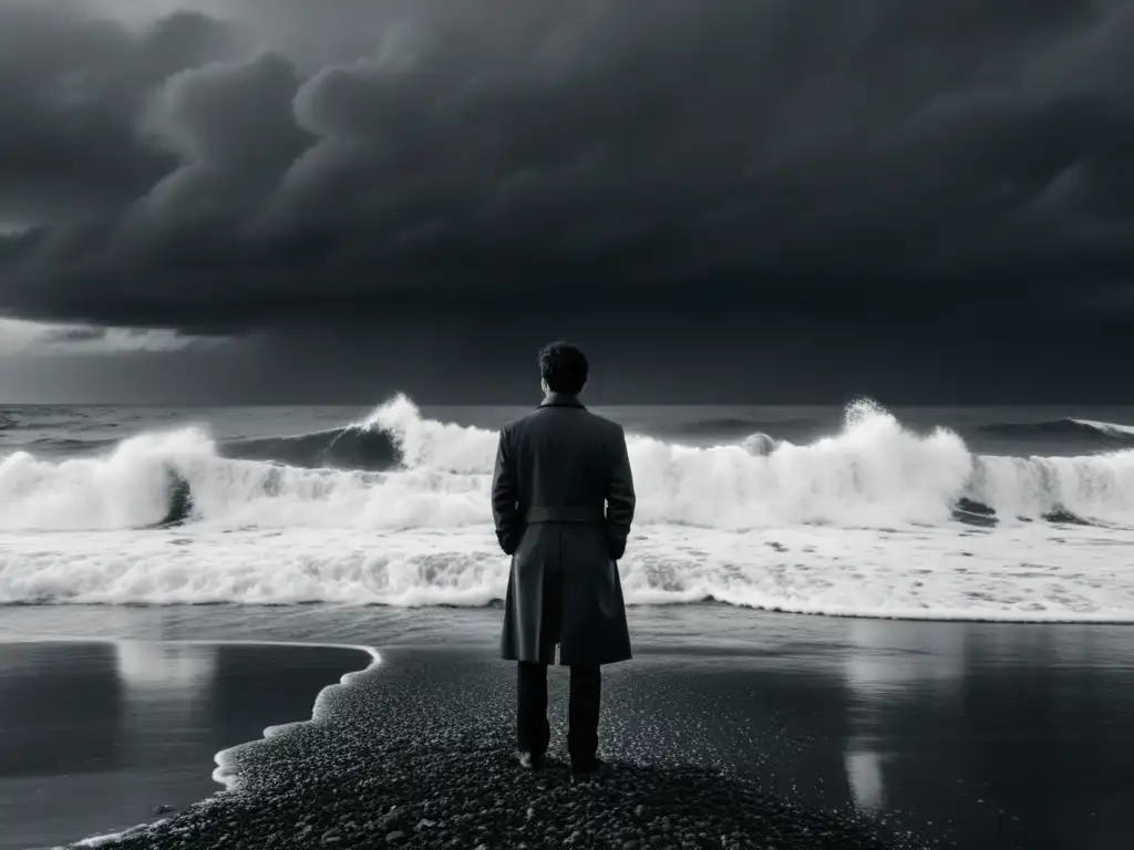 Figura solitaria contemplando el mar Foto en blanco y negro de una figura solitaria en una playa desolada, con olas rompientes y un cielo tormentoso