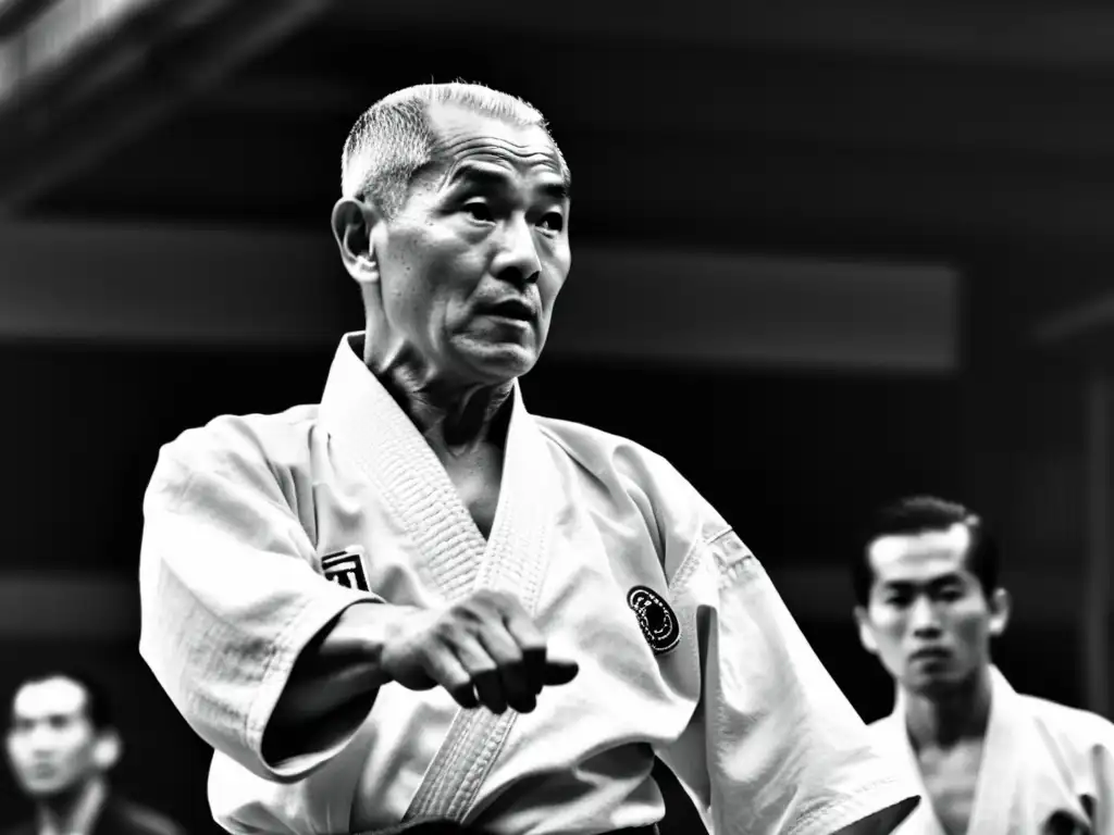 Foto en blanco y negro de Gichin Funakoshi ejecutando kata con maestría y concentración en un dojo, transmitiendo el desarrollo y expansión del karate