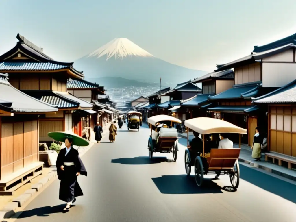 Foto sepia de la bulliciosa ciudad japonesa Meijiera, con figuras clave modernización sociedades asiáticas en escena