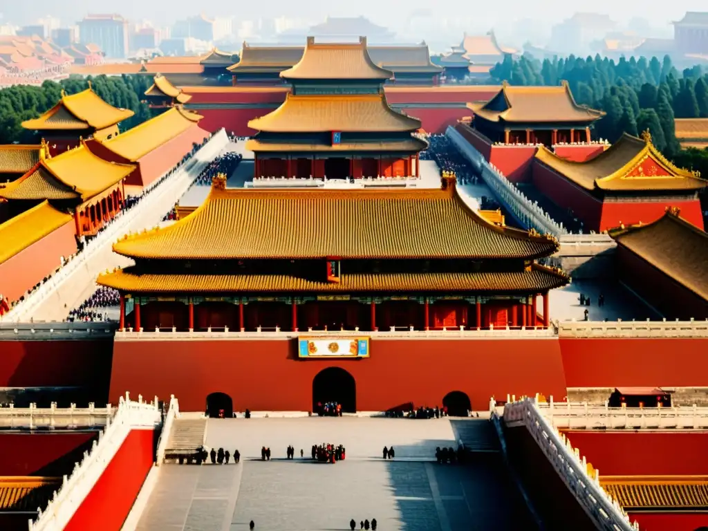 Una foto detallada de la Ciudad Prohibida en Beijing, China, muestra la arquitectura e colores vibrantes del antiguo palacio imperial