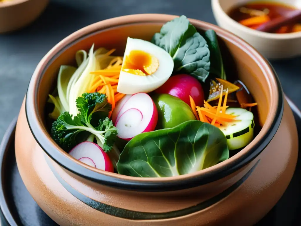 Deliciosas ensaladas fermentadas coreanas en olla de barro Una foto detallada de ensaladas fermentadas coreanas jeotgal en una olla de barro tradicional, resaltando texturas y colores vibrantes