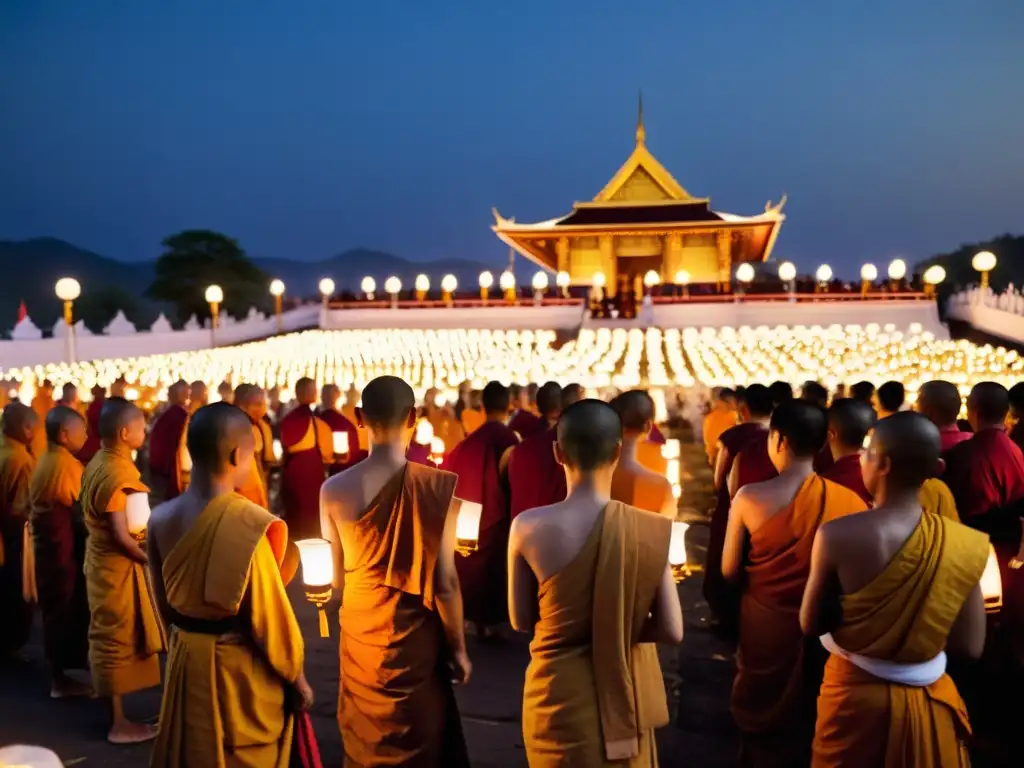 Foto documental de un festival budista al atardecer, con cientos de linternas y velas iluminando el templo