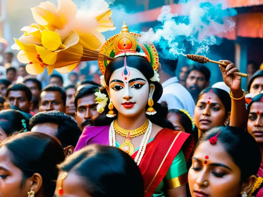 Una foto documental de la vibrante celebración de Durga Puja en India, con la idolatría de la Diosa Durga y devotos participando en rituales hindúes