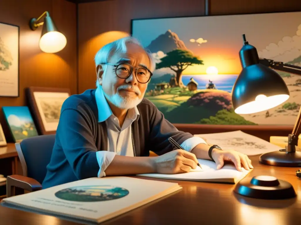 Foto en 8k de Hayao Miyazaki en su estudio rodeado de arte conceptual y bocetos, mostrando su legado en animación y pasión por la narrativa