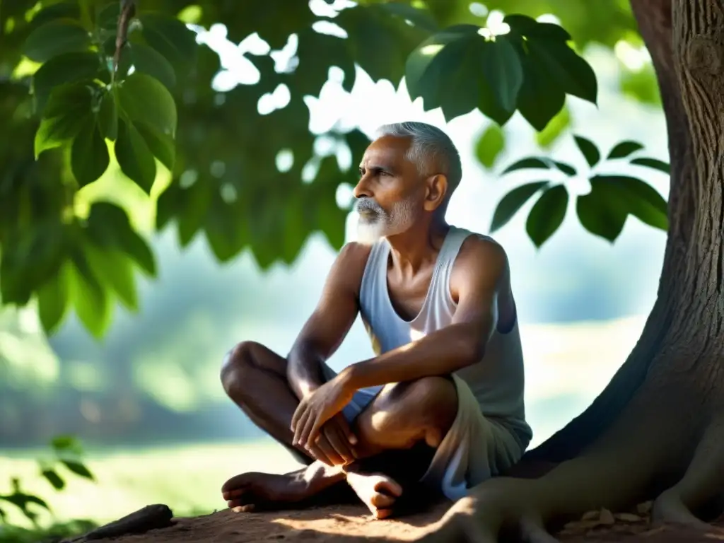 Foto de Ramana Maharshi en profunda contemplación bajo un árbol, con luz solar filtrándose entre las hojas