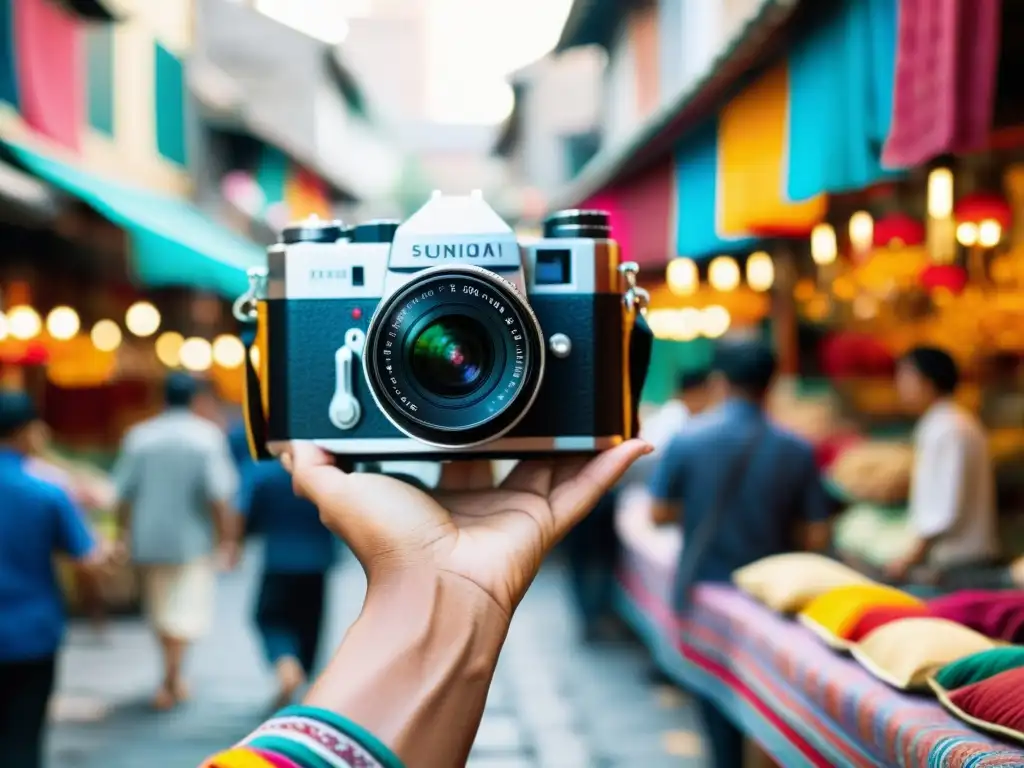 Un fotógrafo experto ajusta una cámara tradicional en un bullicioso mercado asiático