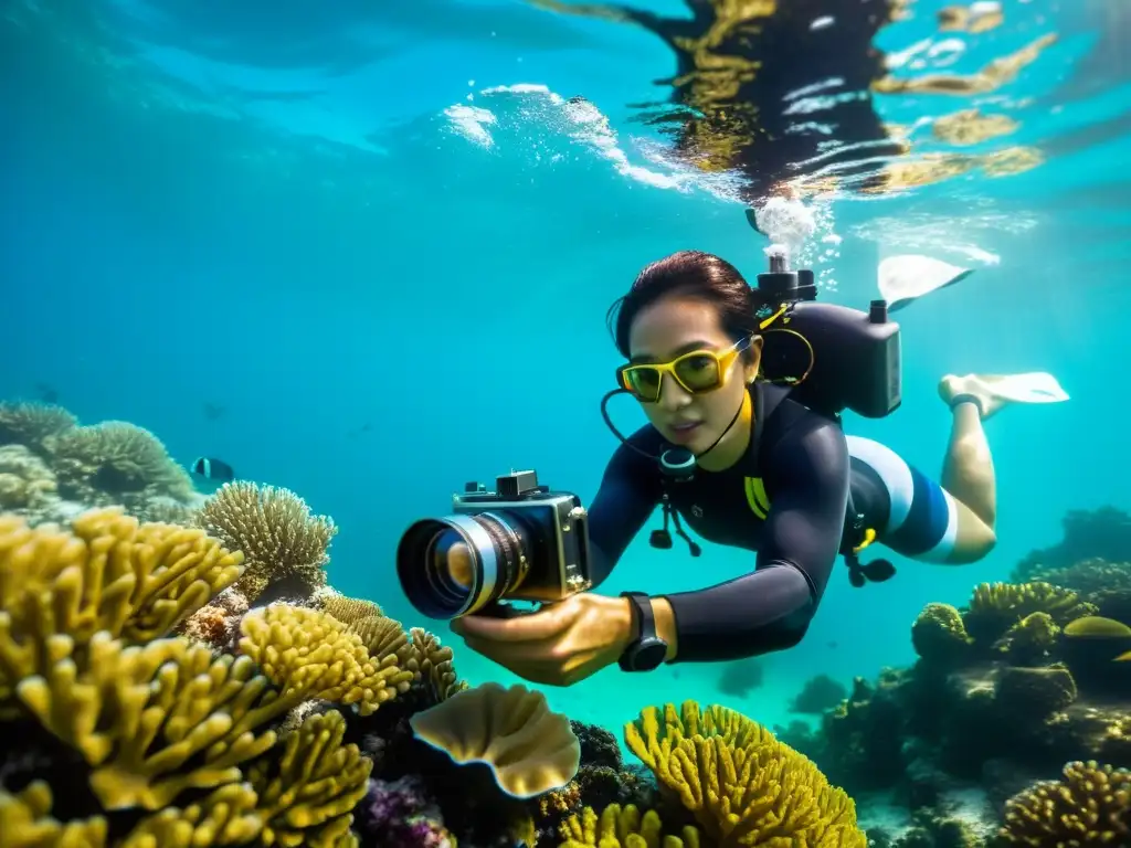 Un fotógrafo submarino sostiene una cámara acuática asiática vintage, capturando la exploración y la profesionalidad en la fotografía submarina