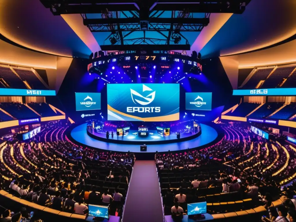 Franquicias de eSports lucrativas en Asia: Arena llena de energía con equipos compitiendo y fanáticos emocionados