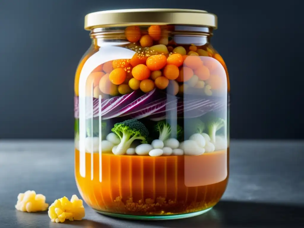 Un frasco de cristal muestra el proceso de fermentación de kimchi y kakdugi, con burbujas y colores vibrantes