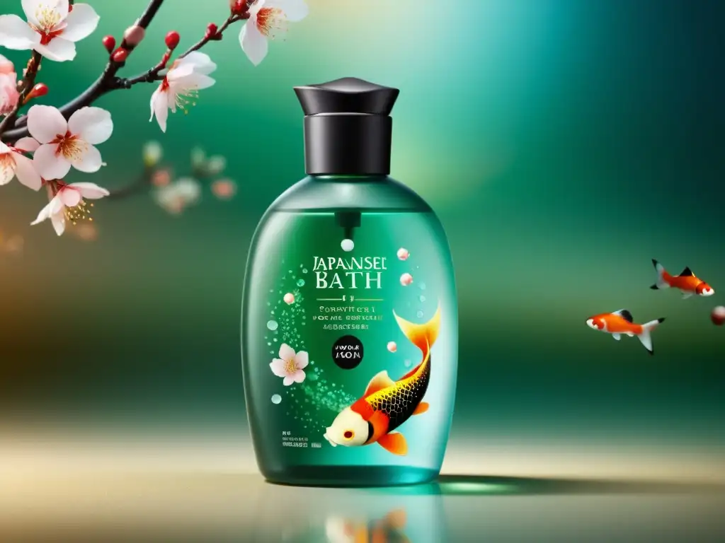 Un frasco de gel de baño japonés muestra un diseño elaborado con motivos tradicionales y una etiqueta elegante, reflejando lujo y frescura