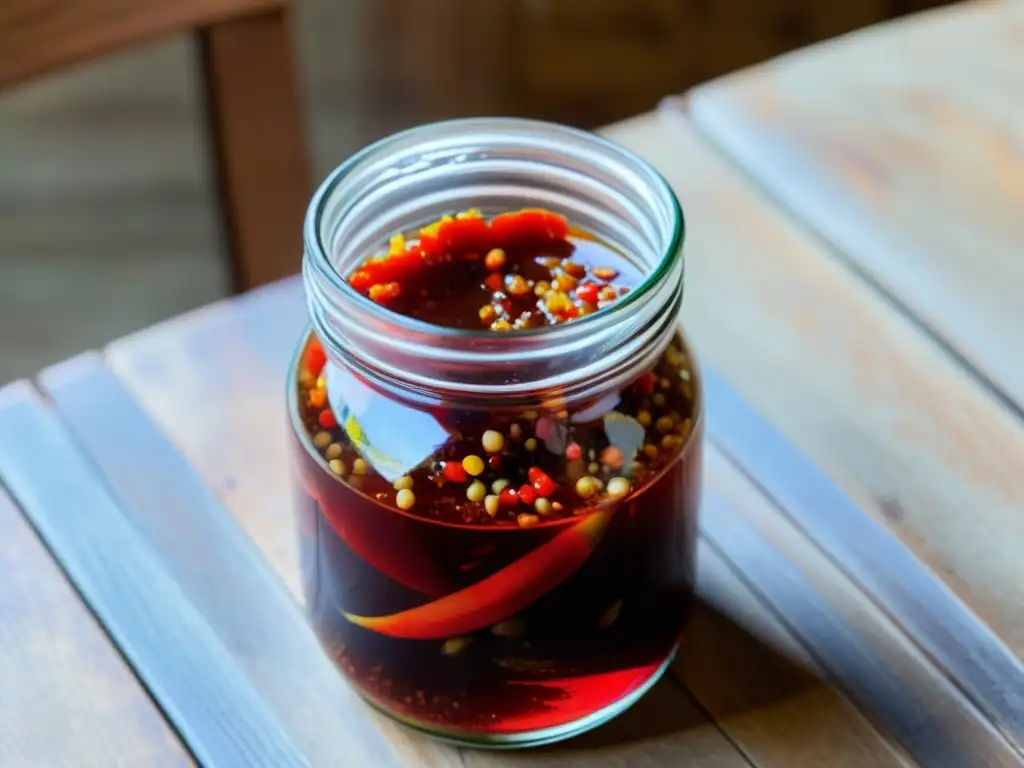 Jeotgal coreano fermentado: tradición en rojo vibrante Un frasco de vidrio lleno de jeotgal rojo vibrante reposa sobre una mesa de madera rústica, bañado por la cálida luz natural