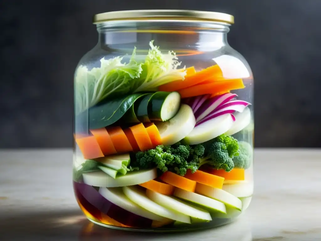 Texturas y colores vibrantes de vegetales en fermentación Un frasco de vidrio lleno de vegetales fermentados coreanos jeotgal, con colores vibrantes y texturas detalladas en un líquido brumoso