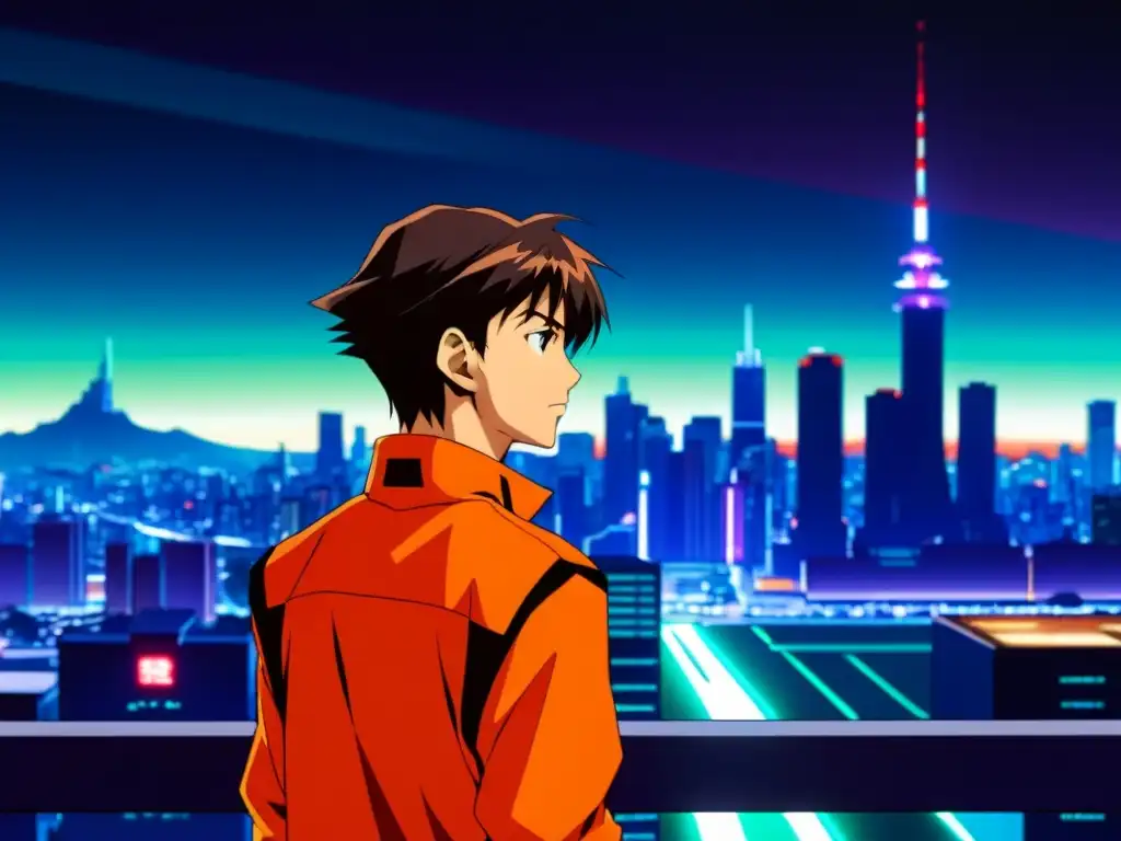 Shinji Ikari reflexiona frente a la ciudad futurista en Neon Genesis Evangelion, mostrando un análisis filosófico en su expresión pensativa