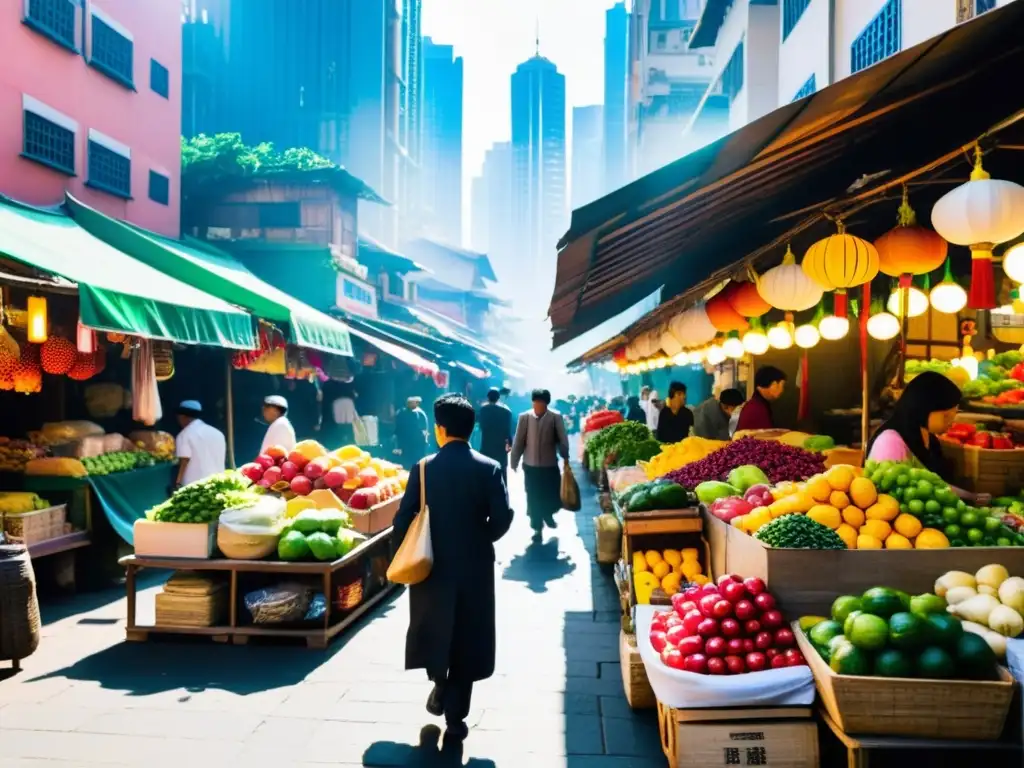 Puesto de frutas y verduras en un bullicioso mercado asiático