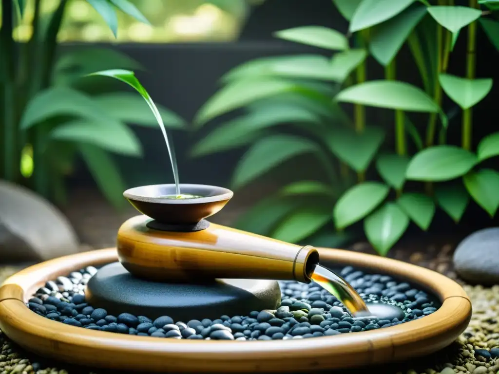 Una fuente de bambú japonés en un jardín zen, con un significado espiritual del haiku zen