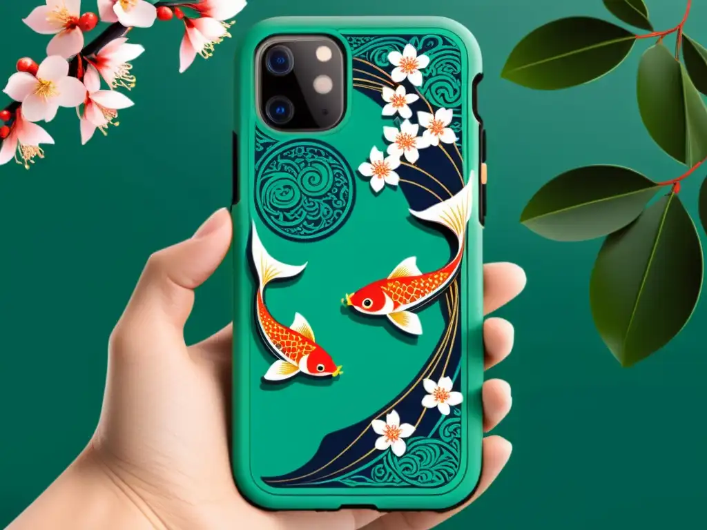 Una funda de teléfono móvil asiática, fusionando arte tradicional y tecnología moderna con motivos asiáticos y un diseño elegante