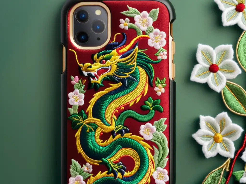 Una funda de teléfono móvil asiática detalladamente bordada con un dragón vibrante, colores ricos y delicadas flores de cerezo