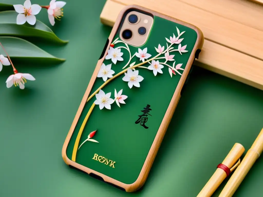 Una funda de teléfono móvil asiática bellamente elaborada con motivos asiáticos, incluyendo flores de cerezo, caligrafía tradicional y elegantes patrones de bambú, resaltando la fusión de tradición y tecnología en accesorios para móviles