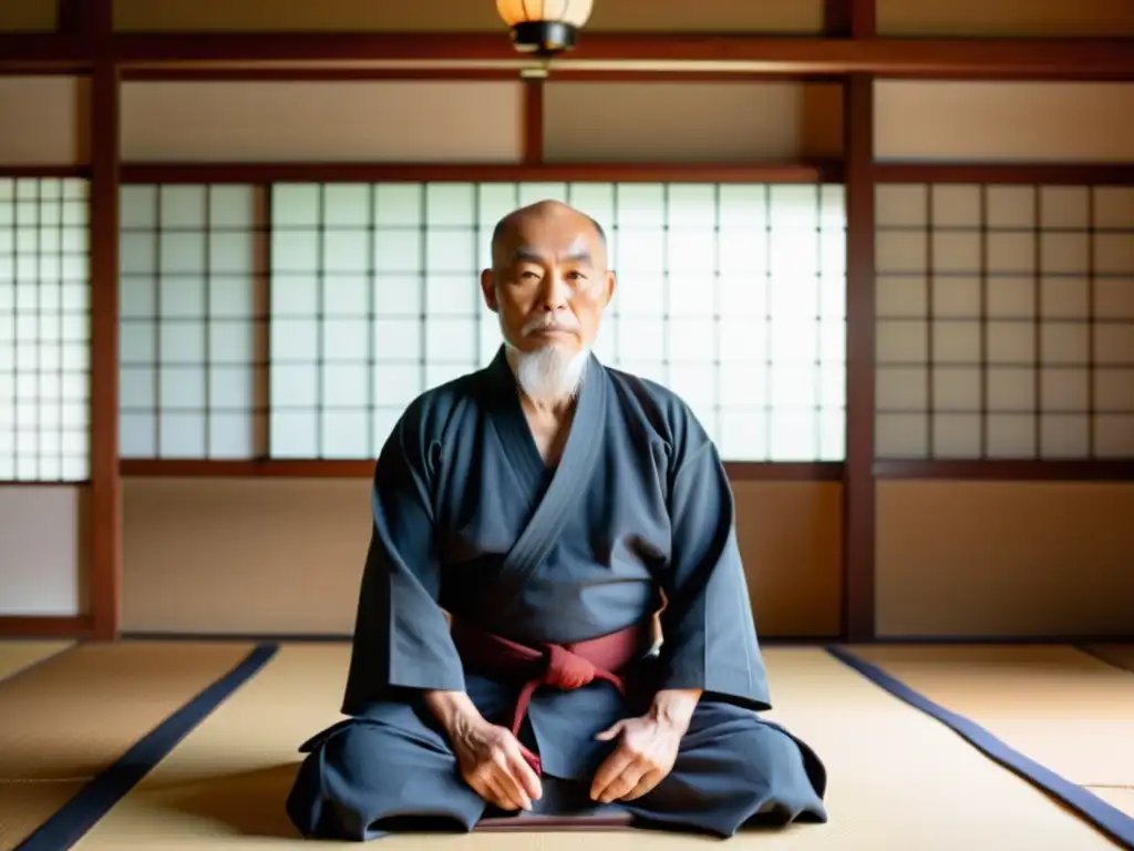 Fundador del Aikido en dojo japonés al amanecer, reflejando la filosofía de no violencia y armonía de la cultura Aikido