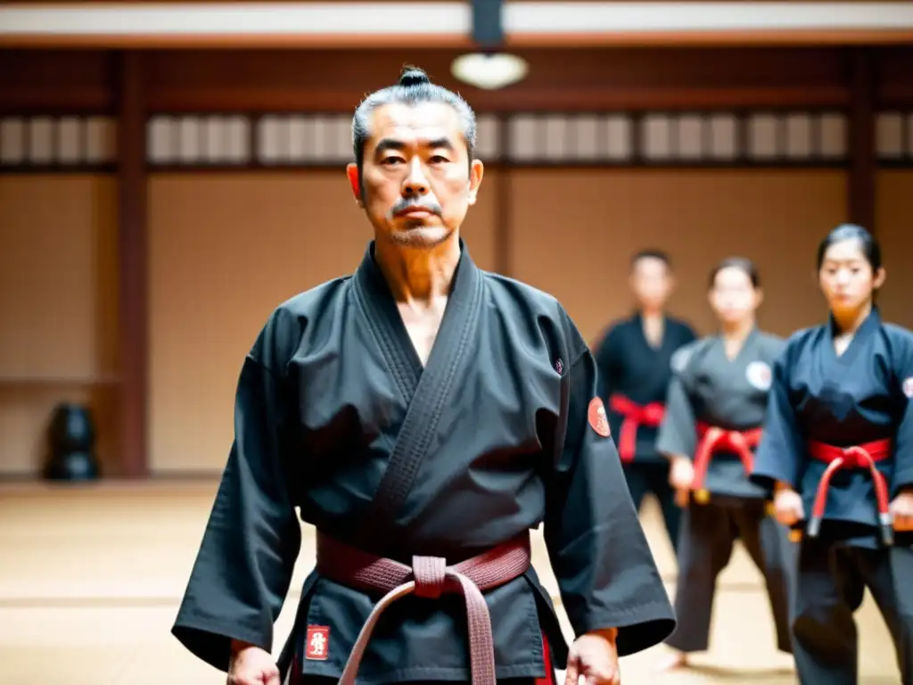 Masaaki Hatsumi, fundador de Bujinkan, en un dojo tradicional japonés, con estudiantes practicando diversas técnicas marciales