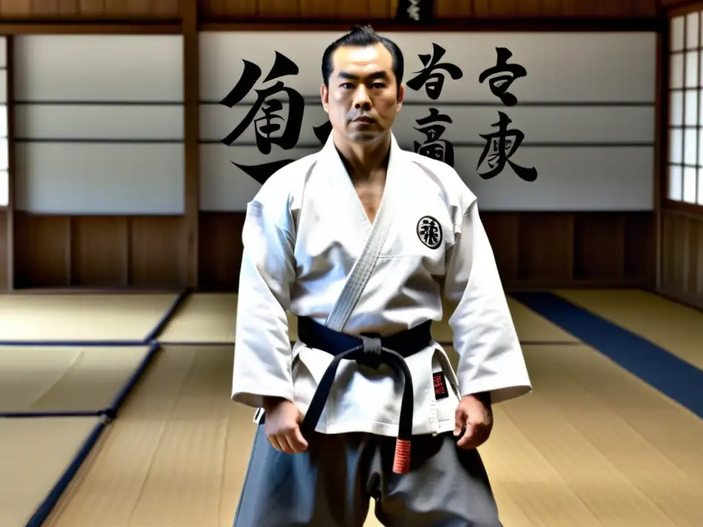 El fundador de Yoseikan Budo, Minoru Mochizuki, destaca en un dojo tradicional, irradiando disciplina y maestría