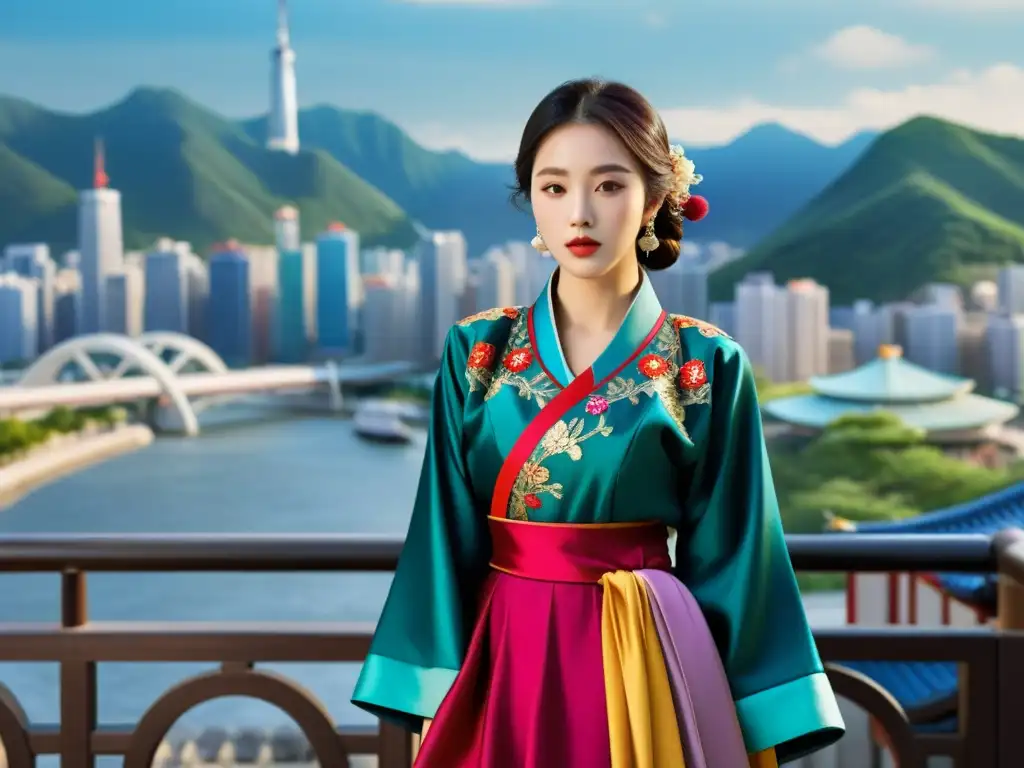 Una fusión de tradición y modernidad: modelo vistiendo un Hanbok coreano, resaltando su elegancia y relevancia en la moda actual