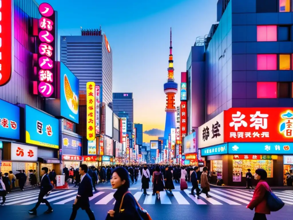 Fusiones culturales en el arte asiático: bulliciosa calle de Tokio con gente diversa, luces de neón y rascacielos