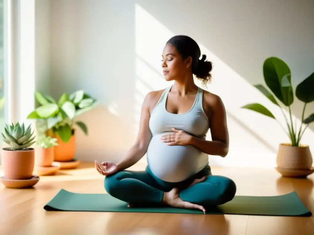 Una futura madre practica yoga prenatal en un estudio sereno, rodeada de plantas