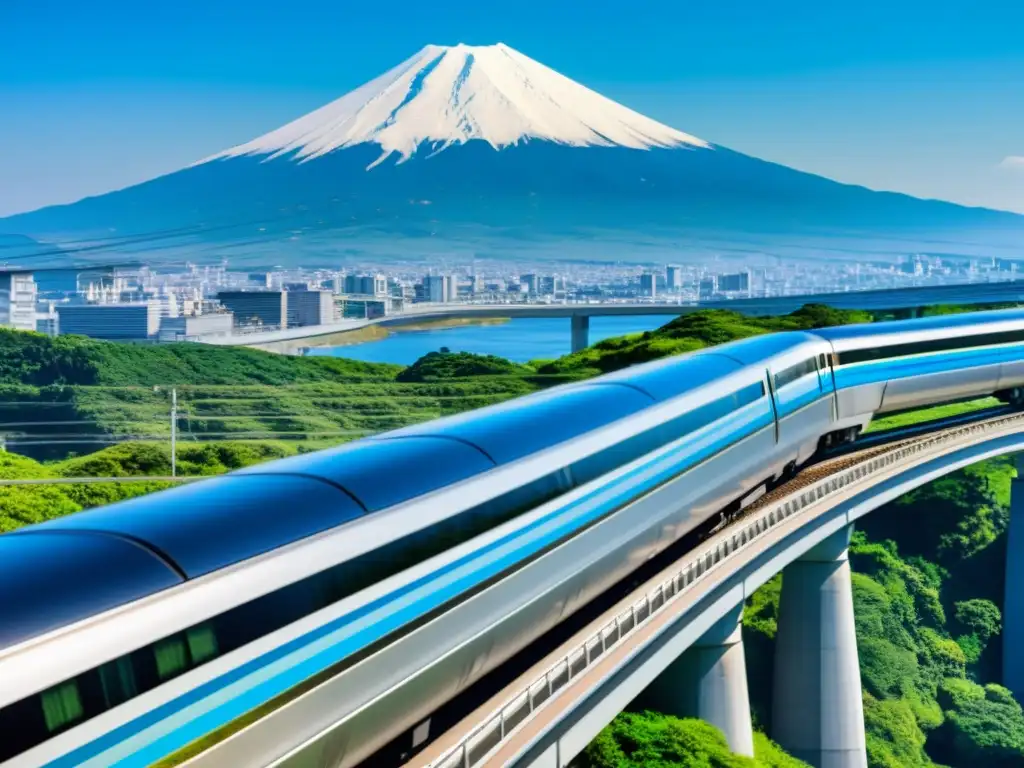 El futurista Maglev japonés se desliza frente al icónico Monte Fuji, mostrando la innovación tecnológica y la belleza natural de Japón