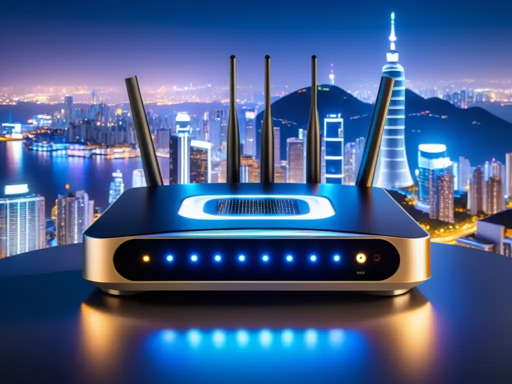 Un futurista router asiático de internet rápida, con luces LED y antenas de alto alcance, se destaca contra un vibrante paisaje urbano nocturno