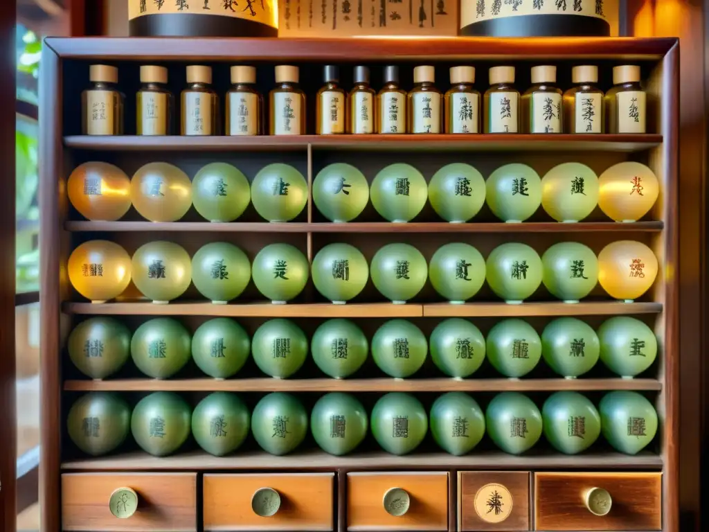 Un gabinete tradicional chino de hierbas medicinales con cajones de madera, iluminado con una cálida luz ambiental que realza los colores