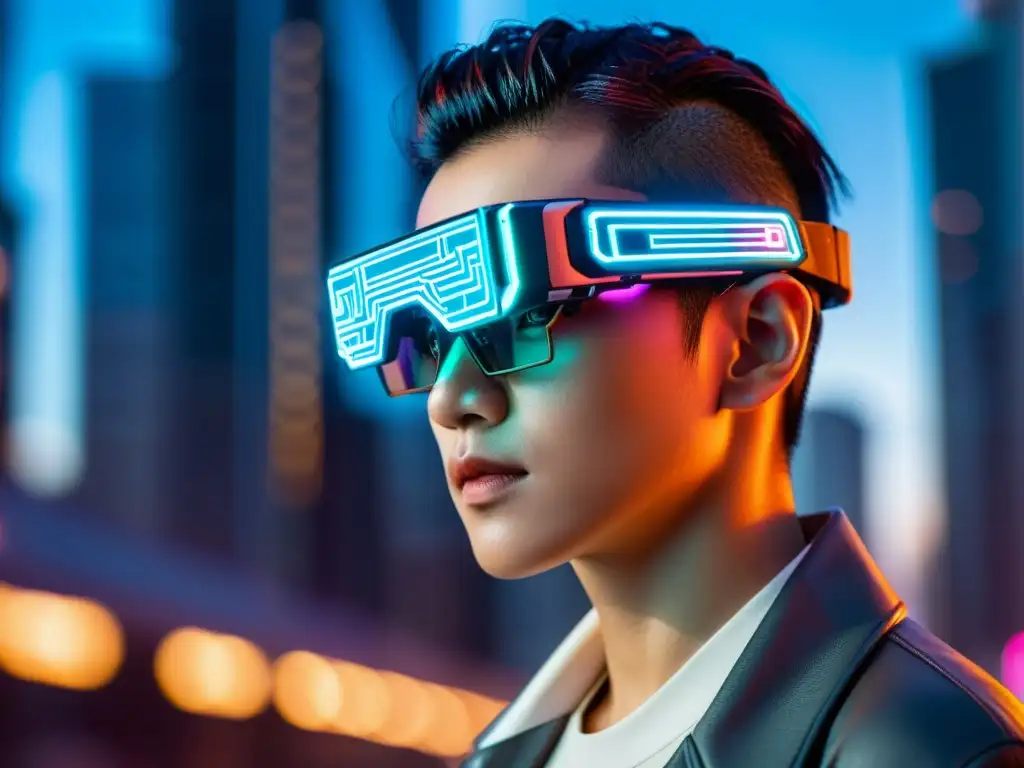 Gafas de Realidad Aumentada Cyberpunk Asiáticas con impresionante escenario futurista y expresión determinada