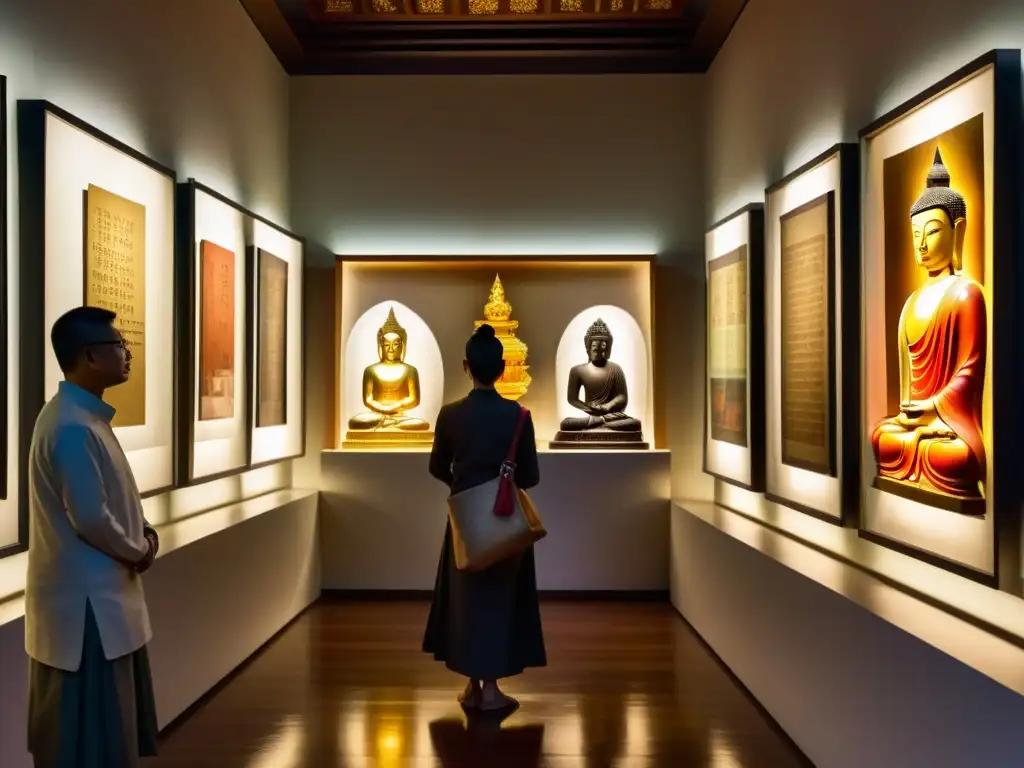 Una galería de arte asiático tradicional, con iluminación tenue, estatuas de Buda e impresionantes pinturas