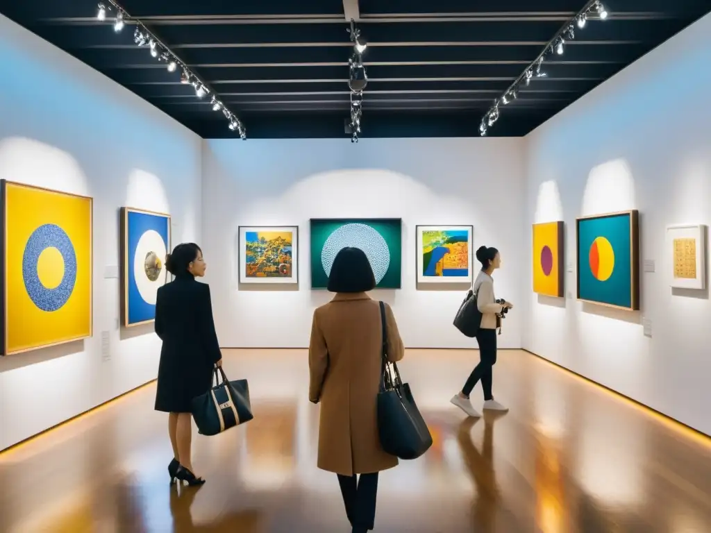 Una galería de arte bulliciosa en Tokio, Japón, llena de vibrantes obras de arte contemporáneo asiático