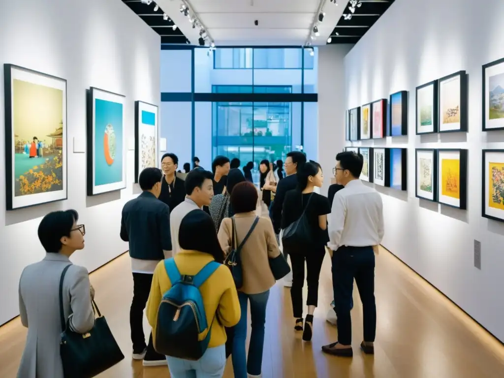 Una galería de arte contemporáneo asiático explorado a fondo, con una vibrante exhibición y una multitud diversa de entusiastas del arte