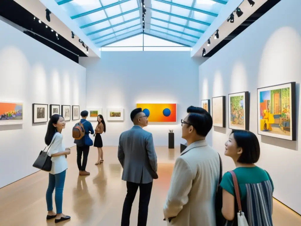 Una galería de arte contemporáneo en una metrópolis asiática, llena de luz natural y vibrante actividad