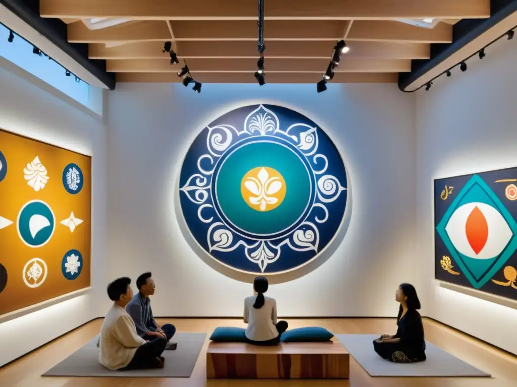 Una galería de arte contemporáneo en Asia, con un mural vibrante que representa símbolos espirituales asiáticos