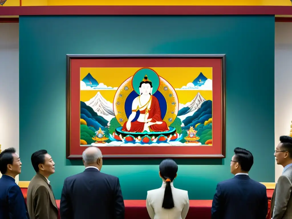 Exquisita pintura tibetana cautiva a inversionistas en galería de arte de lujo Una galería de arte lujosa llena de inversores admira una exquisita pintura thangka tibetana, destacando el arte tibetano en inversiones de élite