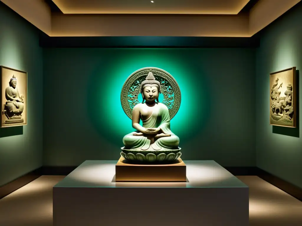 Una galería de arte con obras de Arte Asiático, incluyendo una escultura de jade iluminada