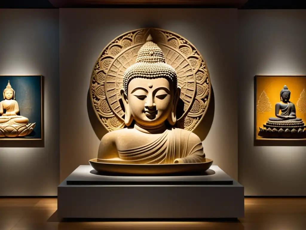 Una galería tranquila iluminada con piezas codiciadas arte sudeste asiático, incluyendo una escultura de Buda, pinturas y textiles vibrantes