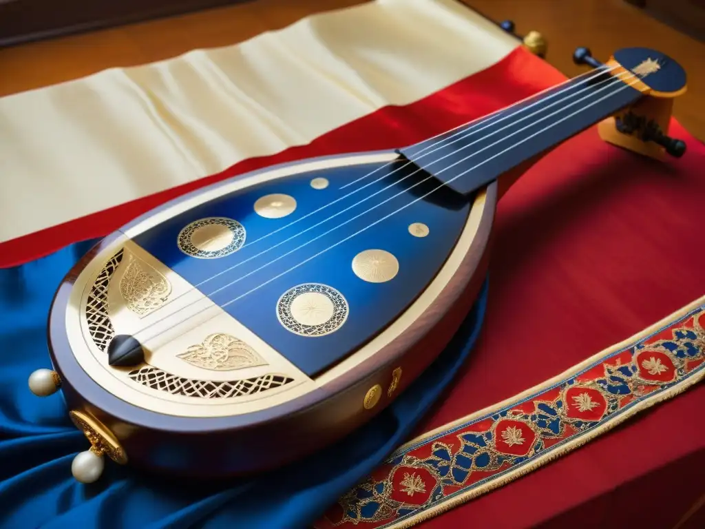 Un gayageum coreano bellamente tallado descansa sobre tela de seda adornada con patrones vibrantes, iluminado por luz natural