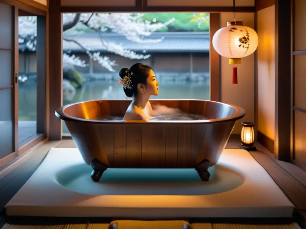 Una geisha se sumerge en un baño japonés rodeado de flores de cerezo