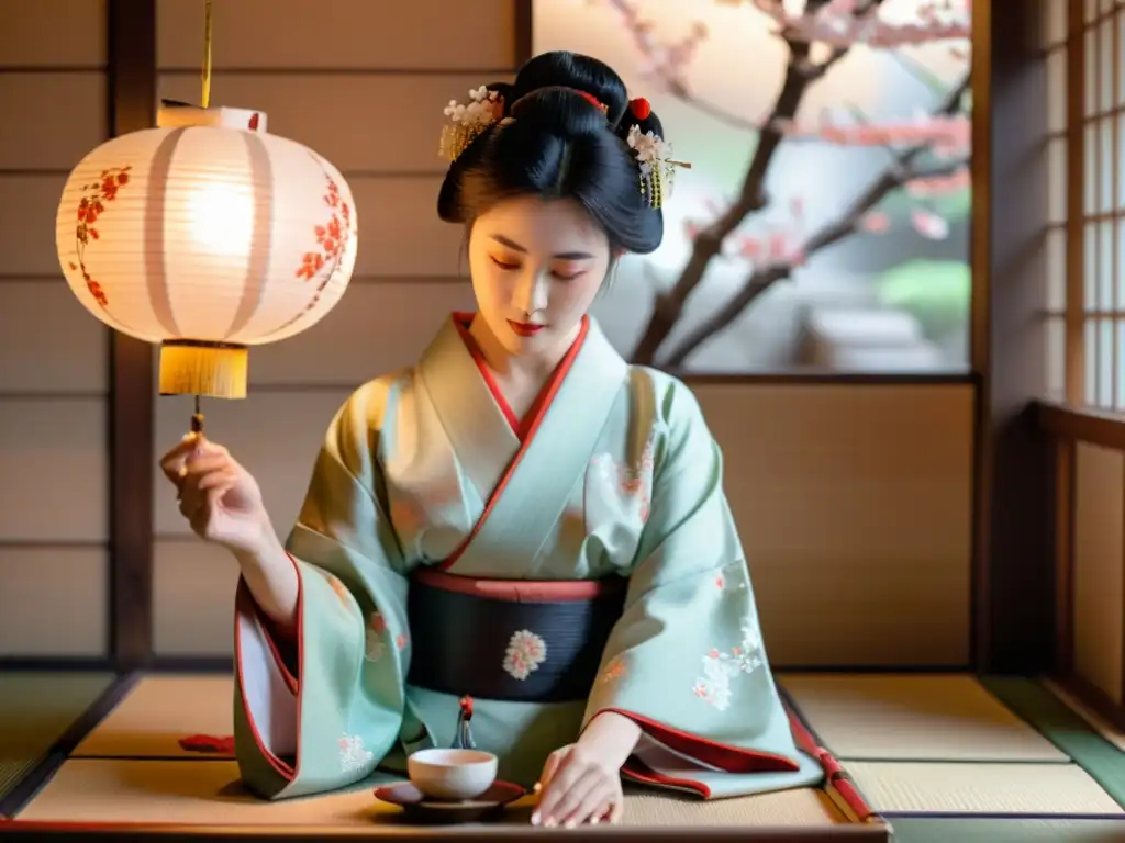 Una geisha realiza una ceremonia del té en una habitación serena con kimono de sakura, evocando tradición cultural, arte y belleza