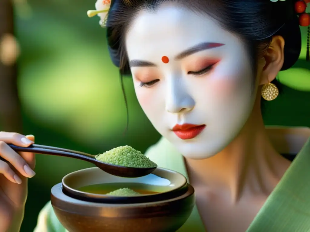 Geisha aplicando cuidado personal estilo asiático con ingredientes naturales en su piel porcelana, en una escena serena y cautivadora